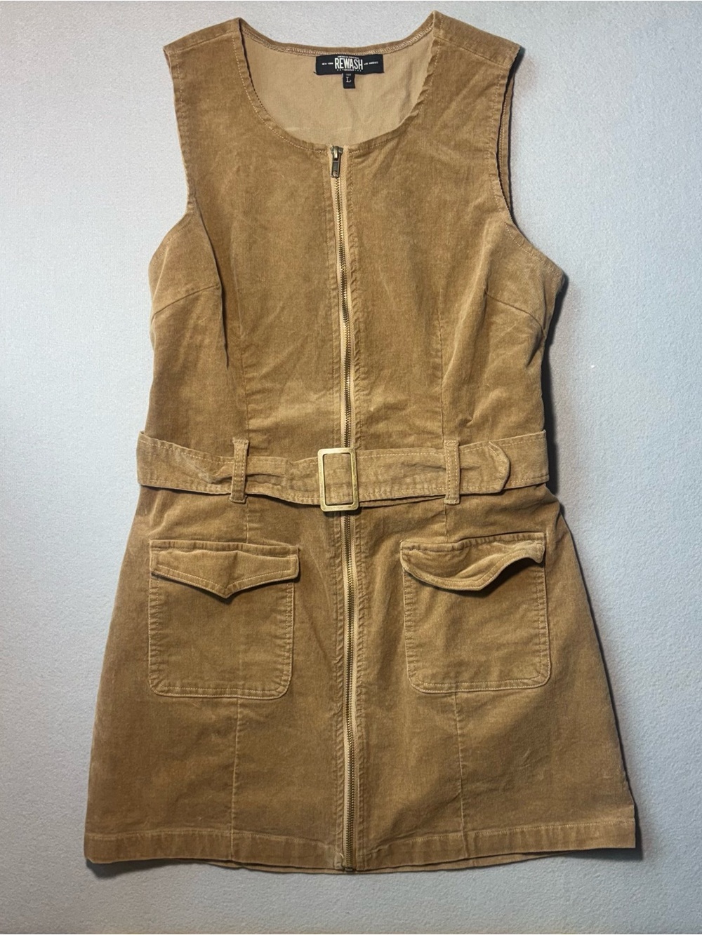 Rewash Brown Corduroy Zip Front Mini Dress Belted Large